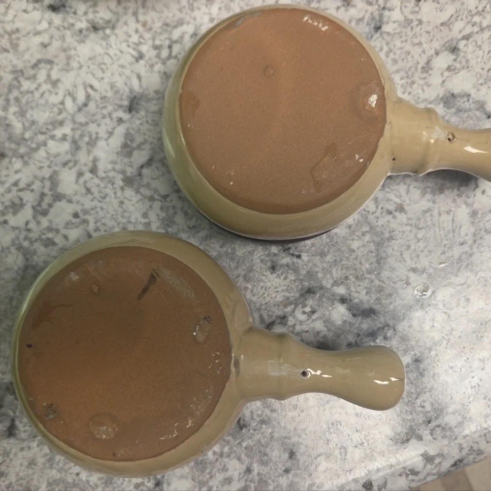 Two Stoneware Ceramic Soup Bowls With Handles And Lids - Vintage